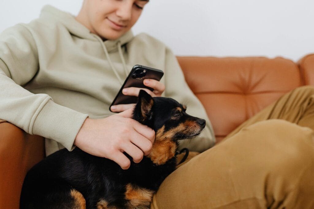 A teenager enjoys screen time on a smartphone while petting a loyal dog on a couch.